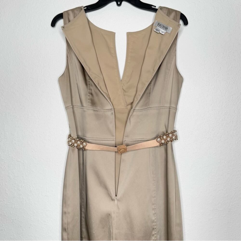 Kay Unger Champagne Satin Embellished Pearl Belt Sleeveless Midi Dress Size 12 - Picture 7 of 10